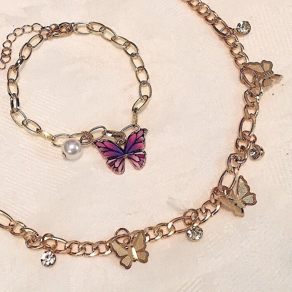 3 Piece Gold Butterfly Necklace, Anklet & Bracelet - Picture 1 of 4
